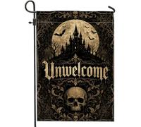 Drapeau gothique avec citation sarcastique et tête de mort pour Halloween | Silhouette de château hanté, drapeau de cour, fond pleine lune, cadre orné gothique, décoration saisonnière effrayante