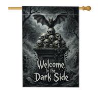 Drapeau gothique avec tête de mort chauve-souris - 71 x 101 cm | Motif chauve-souris gothique, drapeau de cour, piédestal en pierre effrayante, fond de forêt étrange