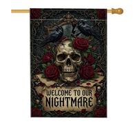 Drapeau gothique avec tête de mort et corbeau pour Halloween 71 x 101 cm | Art floral gothique, drapeau de cour, motifs corbeaux, cadre vintage, signalisation extérieure effrayante