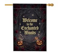 Drapeau gothique citrouilles de la forêt enchantée pour Halloween 71 x 101 | Thème forêt gothique, drapeau de pelouse, roses rouges, vignes torsadées, scène mystique de la forêt
