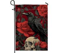 Drapeau gothique corbeau et rose rouge, bannière florale foncée pour décoration d'intérieur, drapeau double face en toile de jute pour décoration de pelouse d'Halloween, 30,5 x 45,7 cm