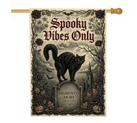Drapeau gothique effrayant avec citation chat Halloween 71,1 x 101,6 cm | Décoration de jardin gothique, drapeau de cour, motif pierre tombale, fond de journal vintage, vignes de roses épineuses