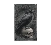 Drapeau gothique foncé corbeau sur un crâne humain, bannière de vœux avec œillets, décoration d'intérieur et d'extérieur