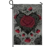 Drapeau gothique rose pour jardin, bannière florale rouge et noire, double face, en toile de jute, décoration extérieure d'Halloween, 30,5 x 45,7 cm
