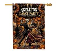Drapeau gothique squelette danse couple Halloween maison 71,1 x 101,6 cm | Thème de bal masqué gothique, drapeau de cour, squelettes dansants, fond décoré aux chandelles, citrouilles de récolte