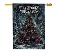 Drapeau gothique « Stay Spooky » avec citation de Noël - 71,1 x 101,6 cm | Décoration de vacances gothique, drapeau de pelouse, crânes et chat, thème d'hiver fantastique, scène de forêt enneigée
