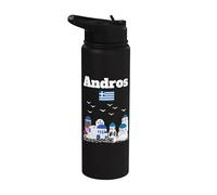 Drapeau grec Andros pour amateur d'architecture grecque Stainless Steel Insulated Water Bottle
