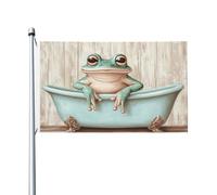 Drapeau grenouille assise dans une baignoire, cour, maison, bannière de vœux avec œillets, décoration d'intérieur et d'extérieur
