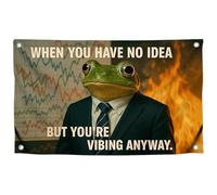 Drapeau grenouille dans un costume de 0,9 x 1,5 m avec citation « When You Have No Idea, But You're Vibing Anyway » avec quatre œillets en laiton - Bannière en polyester pour intérieur ou extérieur