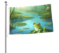 Drapeau grenouille dans un étang de 61 x 91 cm avec impression double face pour l'extérieur, les vacances, bannière cadeau avec œillets pour décoration intérieure et extérieure