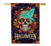 Drapeau Halloween Sugar Skull Luna Moth House Flag 71,1 x 101,6 cm | Luna Moth, drapeau de cour, feuilles d'érable, lanternes, motifs floraux gothiques, décoration saisonnière effrayante