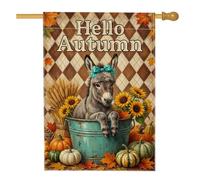 Drapeau Hello Autumn Donkey Garden House 71,1 x 101,6 cm | Tournesol, drapeau de cour, citrouilles, nœud bleu sarcelle, seau rustique, motif argyle