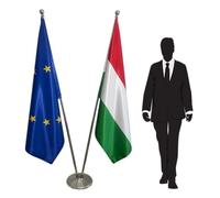 Drapeau Hongrie et Union Européenne avec pied et mâts - ensemble protocolaire officiel pour ambassades, ministères, bureaux. Pied Ø 360mm, inox finition argentée, hampes pointe ronde. Code CN3-EU-HU