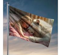 Drapeau humoristique « A Woman Rests Her Head On A White Lion's Paw » - Drapeau de jardin - 120 x 180 cm