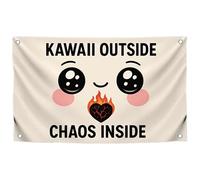Drapeau humoristique humoristique avec citation « Kawaii Outside Chaos Inside » - Poster en polyester simple face avec quatre œillets en laiton - Tapisserie murale comique pour chambre de jolies