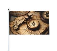 Drapeau imprimé boussole et ancienne carte du monde 1,5 x 0,9 m, drapeau décoratif unilatéral pour la journée nationale de la culture en plein air