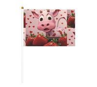 Drapeau imprimé double face vache rose avec fraises 14 x 20,8 cm, adapté pour les activités d'équipe encourageant