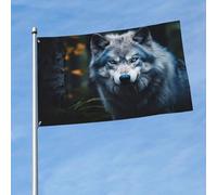 Drapeau imprimé loup aux yeux bleus 1,5 x 0,9 m, drapeau décoratif simple face, accroché dans les balcons de pelouse d'intérieur et d'extérieur
