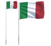 Drapeau italien 100 % polyester avec mât télescopique en aluminium de 5,5 m, résistant aux intempéries, avec manchon de sol, anneaux et mousquetons pour jardin, balcon, terrasse, fête, festival