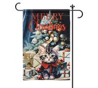 Drapeau Joyeux Noël, 30x45cm Drapeau de Jardin d'Hiver Toile Jute Double Face Chat Tigré Décoration de Coffret Cadeau Boule Drapeau d'Arbre de Noël pour Décoration de Maison Plein Air