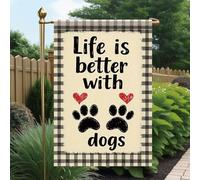Drapeau La Vie Est Plus Belle Avec Des Chiens. Motif À Carreaux Buffalo Et Empreintes De Pattes. Drapeaux Décoratif Éclatantes 30X45Cm Drapeau De Jardin Pour Intérieure Plage