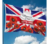 Drapeau Lest We Forget - Drapeau du Souvenir sur Union Jack - Drapeau coquelicot rouge pour l'armistice de la Seconde Guerre mondiale D-Day, VE Day - Double couture - 2 œillets en laiton, grand format