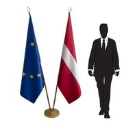 Drapeau Lettonie et Union Européenne avec pied et mâts en inox - ensemble pour bureaux et représentations diplomatiques. Pied Ø 360mm, inox finition dorée, mâts pointe lance. Code CN8-EU-LV-L