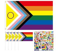 Drapeau LGBT Arc-en-Ciel, Drapeau Gay Pride de Fierté Progressif 90 x 150 cm + 5 Petits Drapeaux Arc-en-Ciel + 50 Autocollants, LGBTQ Flag Accessoires pour Marche des Fiertés Événement Intérieur Extér