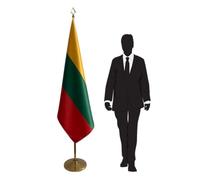 Drapeau Lituanie avec pied et mât en acier inoxydable - drapeau protocolaire en polyester pour bureaux. Pied Ø 360mm, inox finition dorée, hampe pointe lance. Code CN7-LT-L