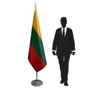 Drapeau Lituanie avec pied et mât en inox - pour cérémonies internationales, représentations diplomatiques et bureaux. Pied Ø 360mm, inox finition argentée, hampe pointe lance. Code CN2-LT-L
