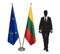 Drapeau Lituanie et Union Européenne avec pied et mâts en acier inoxydable - ensemble protocolaire pour bureau. Pied Ø 360mm, inox finition argentée, hampes pointe ronde. Code CN3-EU-LT