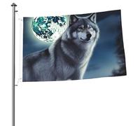 Drapeau loup sous la lune 61 x 91 cm avec impression double face pour l'extérieur, les vacances, bannière cadeau avec œillets, toile de fond pour photo pour décoration intérieure et extérieure