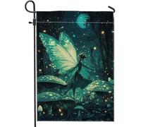 Drapeau magique de jardin féérique, papillon enchanté bleu sarcelle, décoration extérieure double face en toile de jute, paysage champignon fantaisie, 30,5 x 45,7 cm