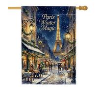 Drapeau magique de Paris - Paysage urbain romantique - 71,1 x 101,6 cm | Scène de rue enneigée, drapeau de pelouse, architecture de ville romantique, signalisation extérieure décorative