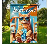 Drapeau Maison Bonjour Été Plage Orange Chat Été Côtier Tropical 30X45Cm Drapeau De Cour Imprimé Double Face Bannière Pour Anniversaires Intérieure Dortoirs