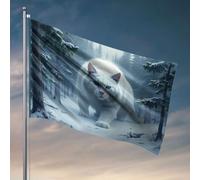 Drapeau « Man Cave Bar A Large White Cat Walk Through A Snowy Forest » - Drapeaux cool pour dortoir - Décorations de camping pour voyage (152 x 244 cm)