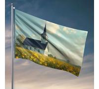 Drapeau « Man Cave Bar A Serein White Church With A Steeple Standing At A Field of Yellow Flowers Flag Bar » Accessoires de bar pour homme Cave Drôle Drapeaux de chambre (120 x 180 cm)