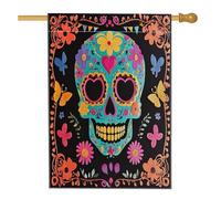 Drapeau mexicain squelette en sucre découpé pour l'avant et l'arrière de la cour - 71 x 101 cm - Double face pour l'extérieur - Motif tête de mort amusant - Drapeau imprimé jour des morts pour la