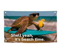 Drapeau mural amusant de 0,9 x 1,5 m avec citation « Shell Yeah, It's Beach Time » avec quatre œillets en laiton - Bannière cool en polyester pour université intérieure ou extérieure - Drapeaux simple