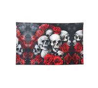 Drapeau mural imprimé tête de mort et rose rouge à quatre trous, bords cousus pour décoration murale de bureau et maison