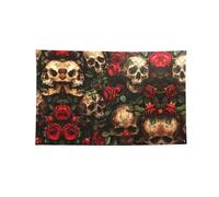 Drapeau mural imprimé tête de mort et rose rouge à quatre trous, bords cousus pour décoration murale de bureau et maison
