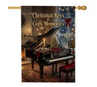 Drapeau musical de Noël avec citation piano Grande Maison 71 x 101 cm | Thème musical, drapeau de cour, soirée d'hiver, cheminée confortable, décoration saisonnière élégante, esthétique piano