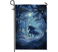 Drapeau mystique bleu magique cheval de jardin, bannière de décoration d'intérieur de forêt au clair de lune, drapeau de cour double face, décoration extérieure d'automne 30,5 x 45,7 cm