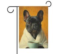 Drapeau noir bouledogue français tenant une tasse à café, drapeau de jardin, vacances saisonnières, toile de jute double face, drapeaux d'extérieur pour maison, cour, 32 x 47 cm