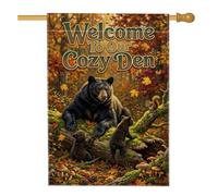 Drapeau noir « Welcome To Our Cozy Den Bear Family » - 71 x 101 cm | Thème forêt, drapeau de pelouse, décoration de cabane rustique, feuillage d'automne, art de la faune