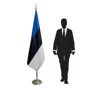 Drapeau officiel Estonie avec mât et pied - drapeau protocolaire national pour représentations diplomatiques. Diamètre pied Ø 315mm, inox finition argentée, hampe pointe lance. Code CN1-EE-L