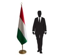 Drapeau officiel Hongrie avec mât et pied - pour ambassades, ministères, universités, collectivités locales et conférences. Pied Ø 360mm, inox finition dorée, hampe pointe lance. Code CN7-HU-L