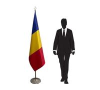 Drapeau officiel Roumanie avec hampe démontable et socle stable - Parfait pour bureaux, ambassades, écoles, consulats et cérémonies protocolaires. Code CN2-RO-L
