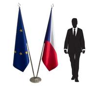 Drapeau officiel Tchéquie et Union Européenne avec mât et pied - ensemble diplomatique et protocolaire pour représentations nationales, ambassades, consulats, ministères. Code CN3-EU-CZ-L