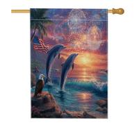 Drapeau patriotique d'été côtier de jardin, coucher de soleil, feux d'artifice, dauphin, aigle, bannière de décoration d'intérieur, drapeau de cour double face, décoration de fête en plein air, 71,1 x